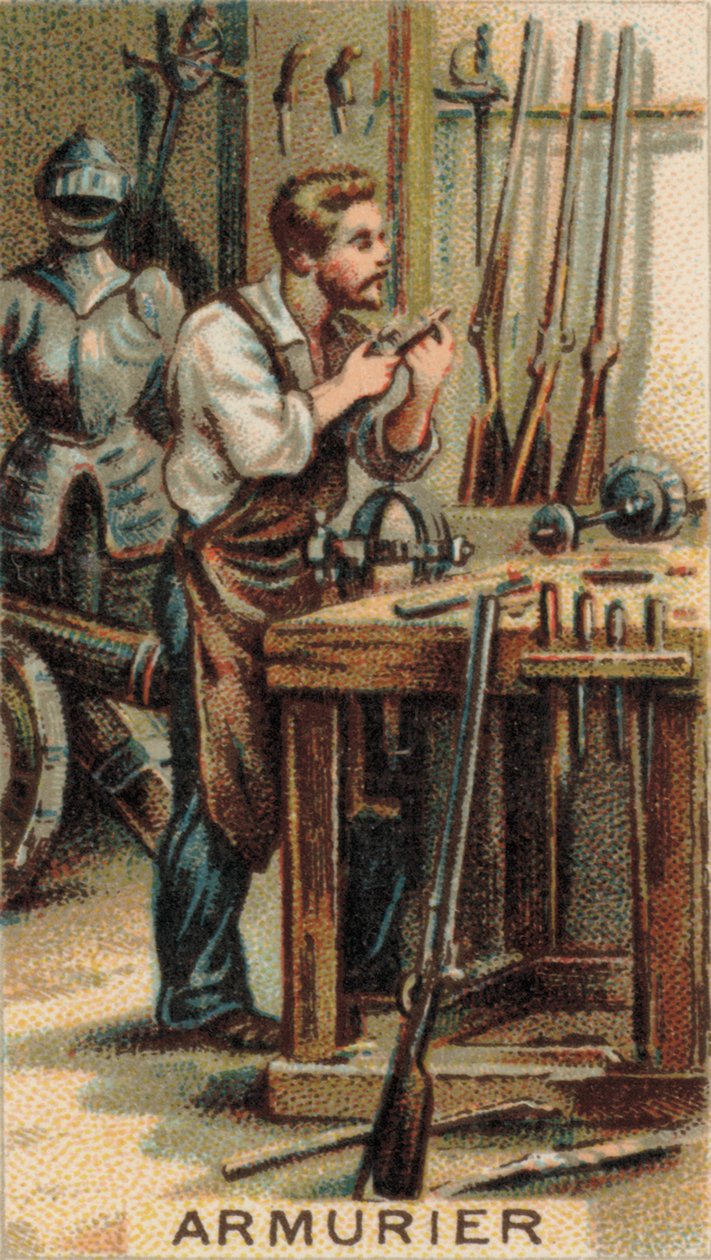Geweermaker aan het werk in zijn werkplaats (chromolitho) door French School