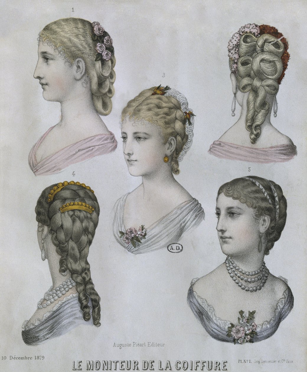 Kapsels, illustratie uit Le Moniteur de la Coiffure, 10 december 1879 door French School