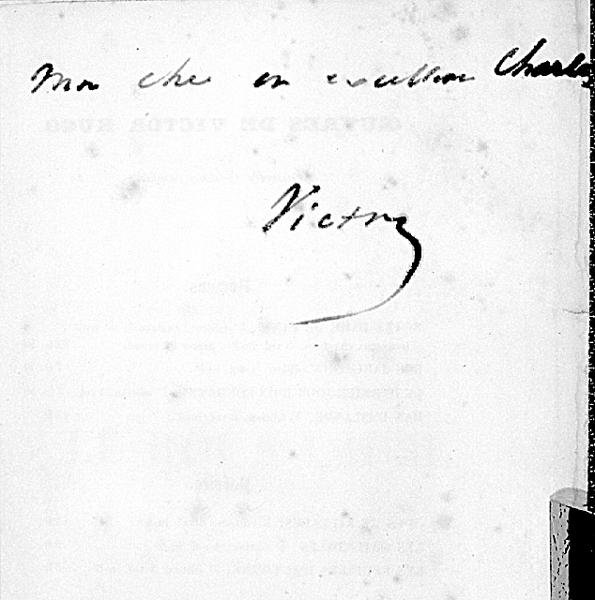Handgeschreven handtekening van Victor Hugo op een pagina van zijn boek 