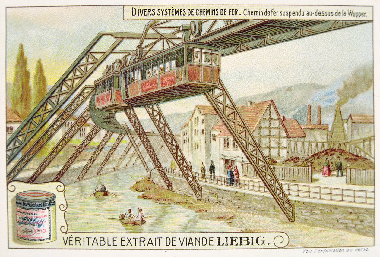 Hangende trein aan de Wupper rivier, promotionele reclamekaart voor Veritable Extrait de Viande Liebig door French School
