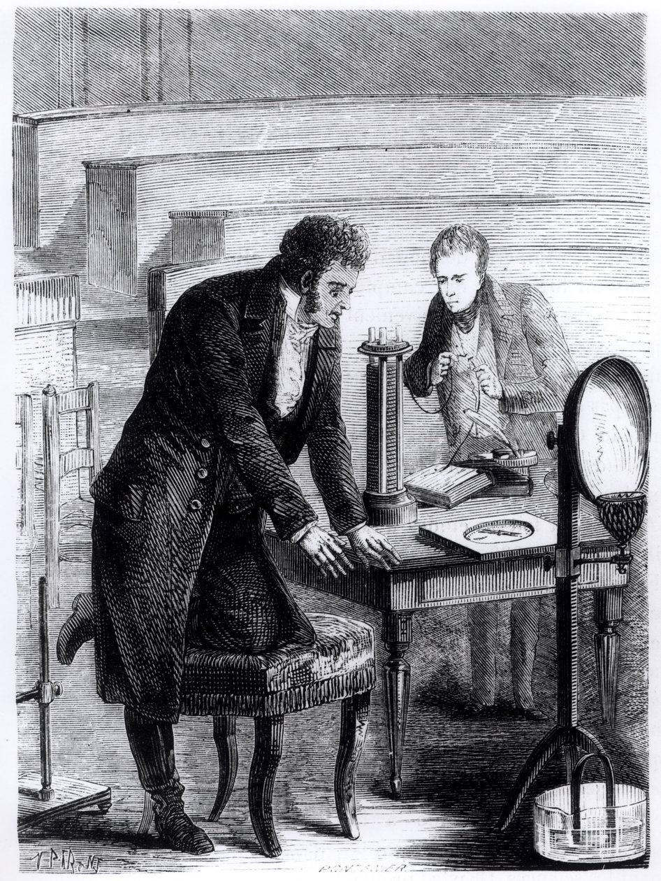 Hans Christian Oersted (1777-1851) ontdekt de afwijking van de magnetische naald door gesloten stroom in 1820, uit Les Merveilles de la Science door Louis Figuier (1819-94), 1867 door French School