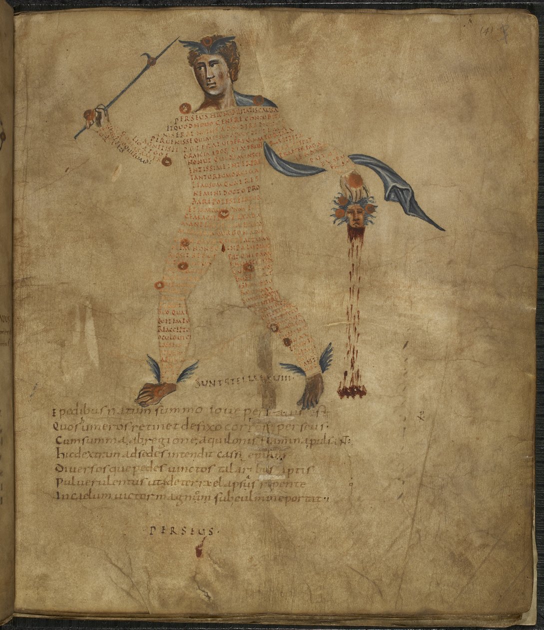 Illustratie van Perseus, een held uit de Griekse mythologie, met het hoofd van de slangharige Medusa, uit 