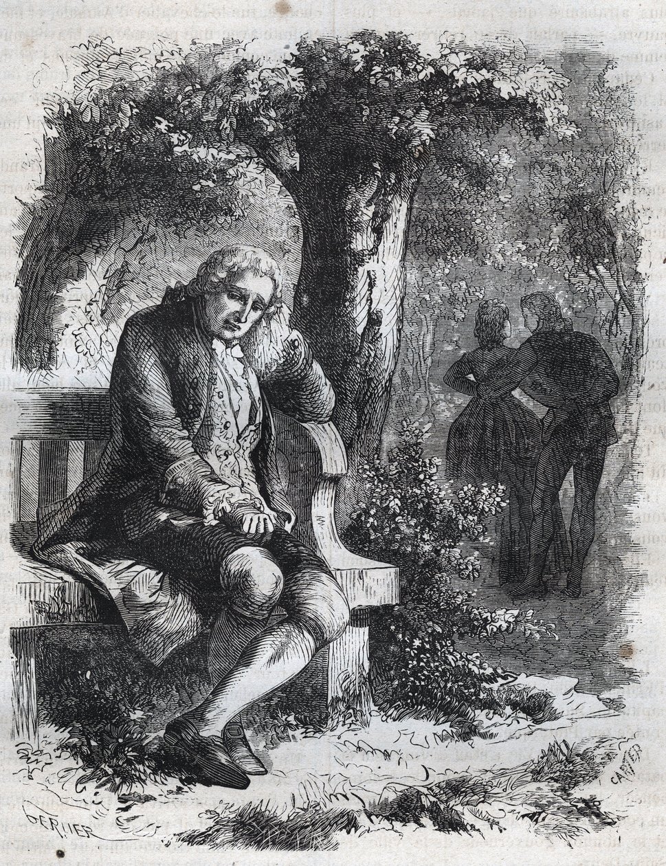 Hij hoorde het gefluister van een kus. De Zwitserse filosoof Jean Jacques (Jean-Jacques) Rousseau (1712-1778) betrapt zijn metgezel Marie-Therese (Marie Therese) Le Vasseur (Levasseur) (1721-1801) op overspel. Gravure uit 1871 in 