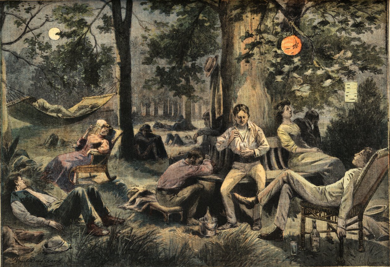 Hitte in New York: bewoners kamperen in de parken, uit de krant "Le Petit Parisien", op 26/07/1908 door French School