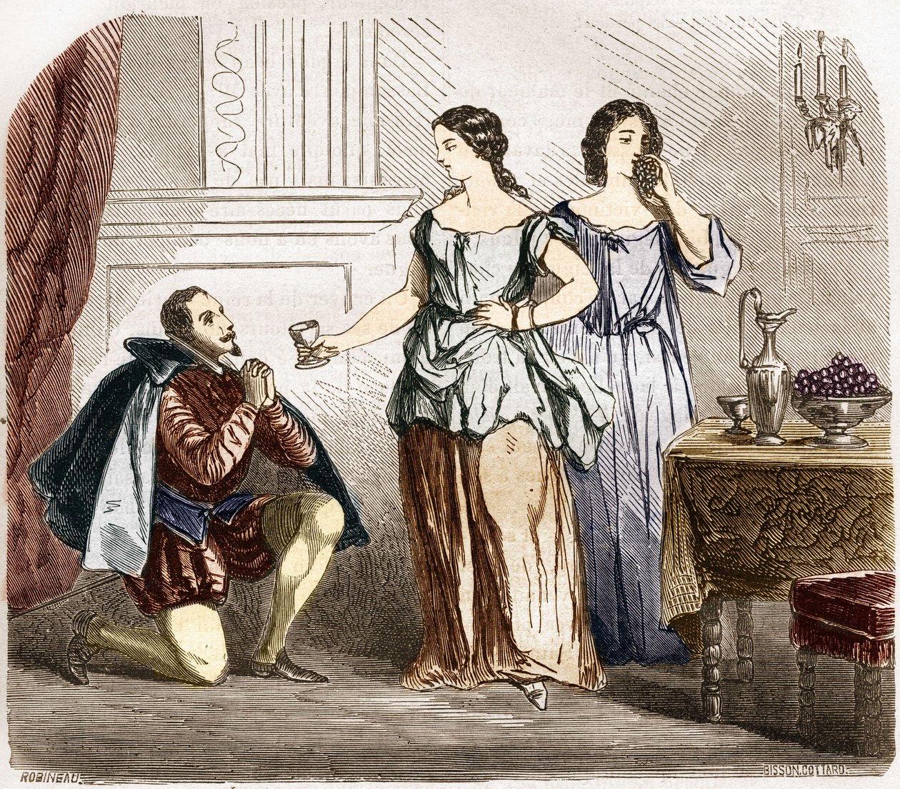 Hendrik IV (1553-1610), Koning van Frankrijk wordt bediend door halfnaakte vrouwen. Gravure in 