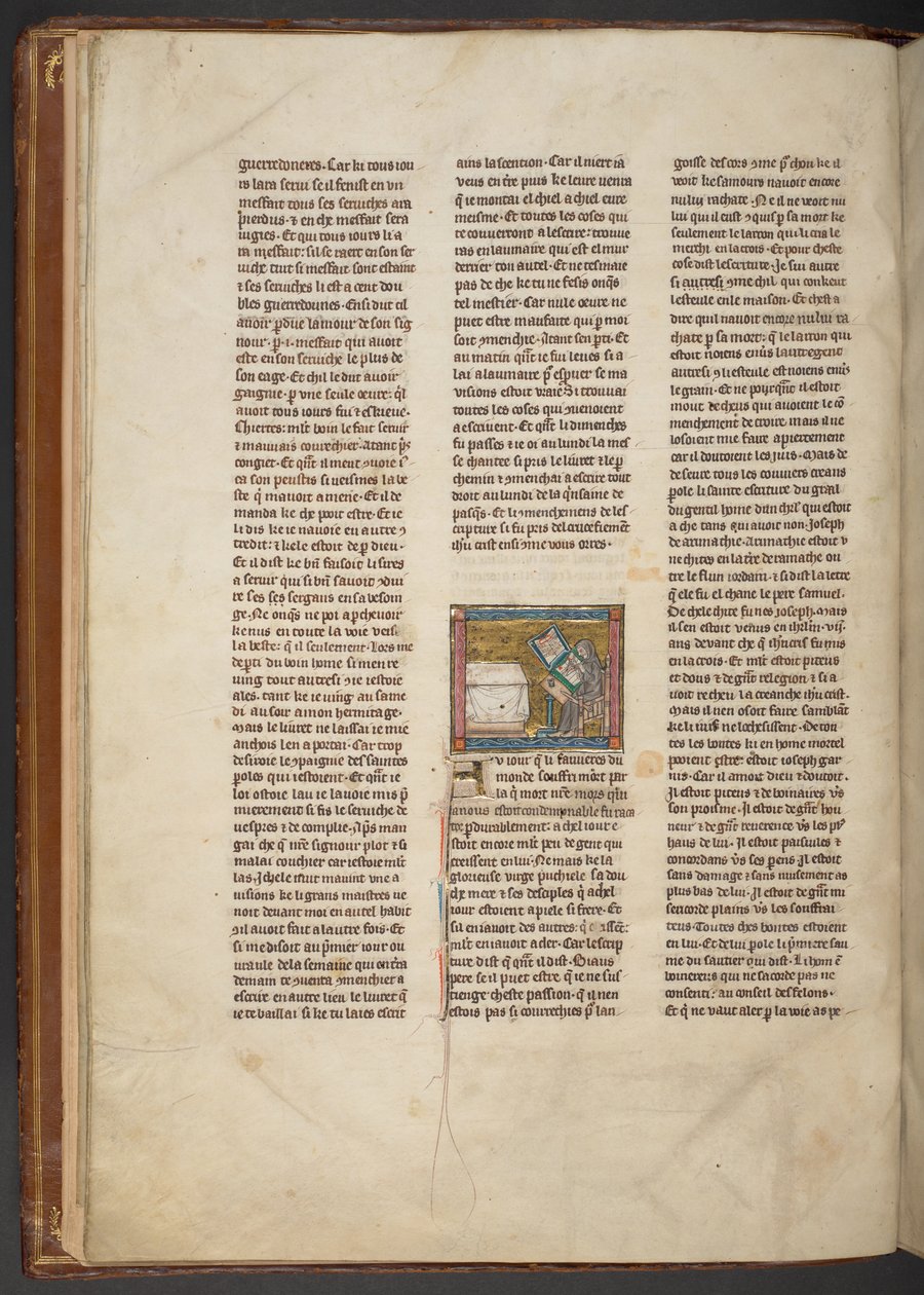 Kluizenaar schrijft aan een bureau, uit "Estoire del Saint Graal, La Queste del Saint Graal, Morte Artu", ca. 1315-25 door French School