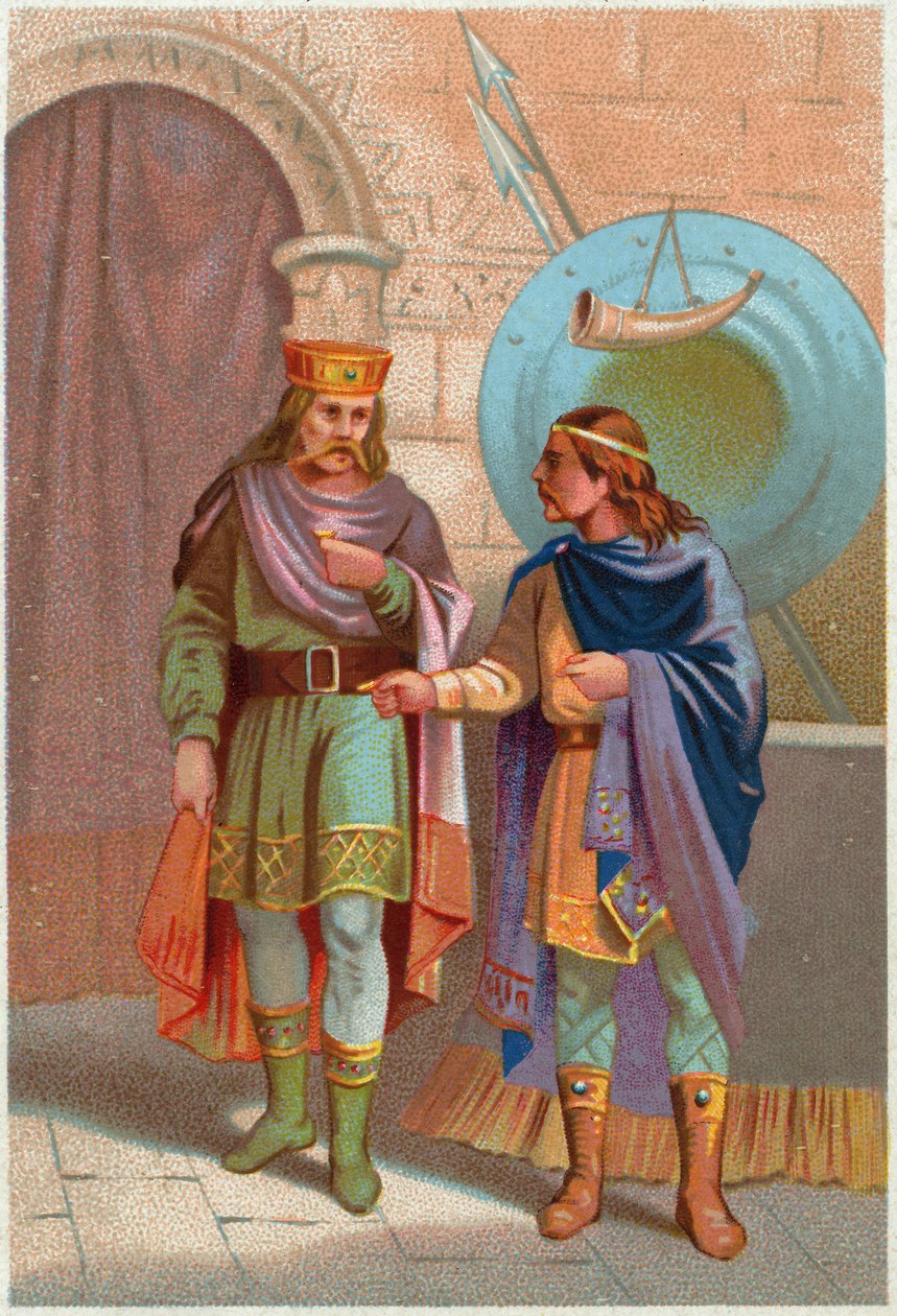 Geschiedenis. Frankrijk. Childeric I, Merovingische koning, verdreven door de Franken. Beeldvorming, Frankrijk, ca. 1900 (prent) door French School