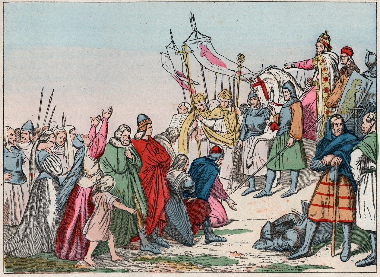 Geschiedenis van Gallië in de Middeleeuwen: Germaanse Saksen knielen voor koning Karel de Grote, winnaar van de oorlogen. Gravure uit het einde van de 19e eeuw in 