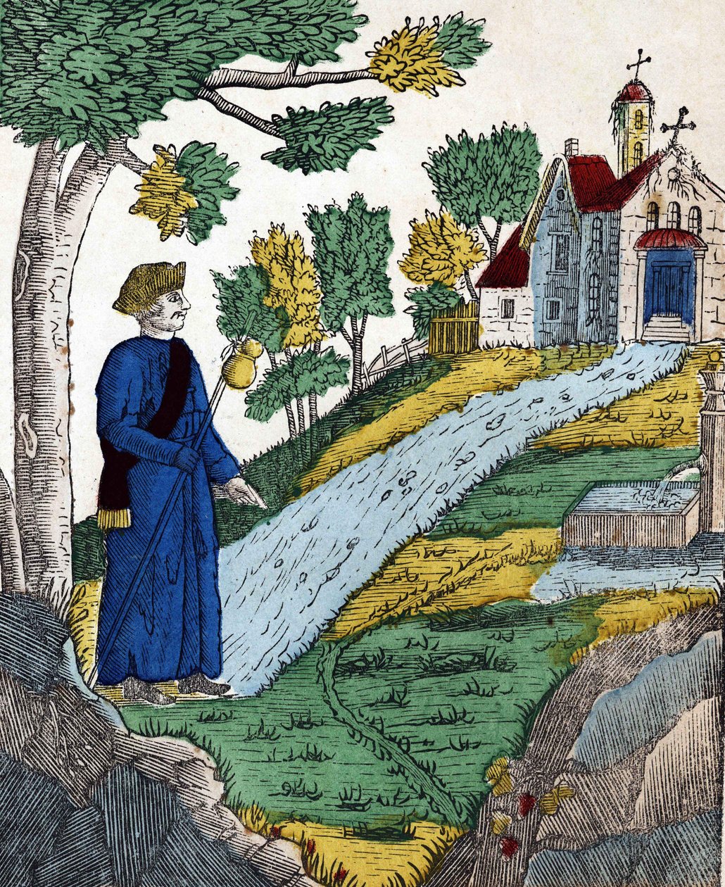 Geschiedenis van de vier zonen Aymon; Maugis, nadat hij Karel de Grote gevangen had genomen, ging naar een kluizenaarswoning om daar boete te doen (spinal afbeelding 19e eeuw) door French School