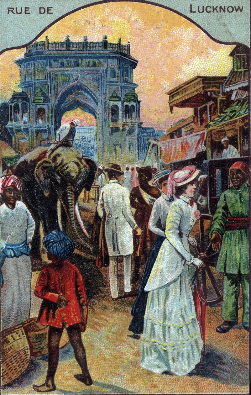 Geschiedenis van het toerisme: Westerse toeristen in een straat in Lucknow, India. Chromolithografie uit de 19e eeuw door French School