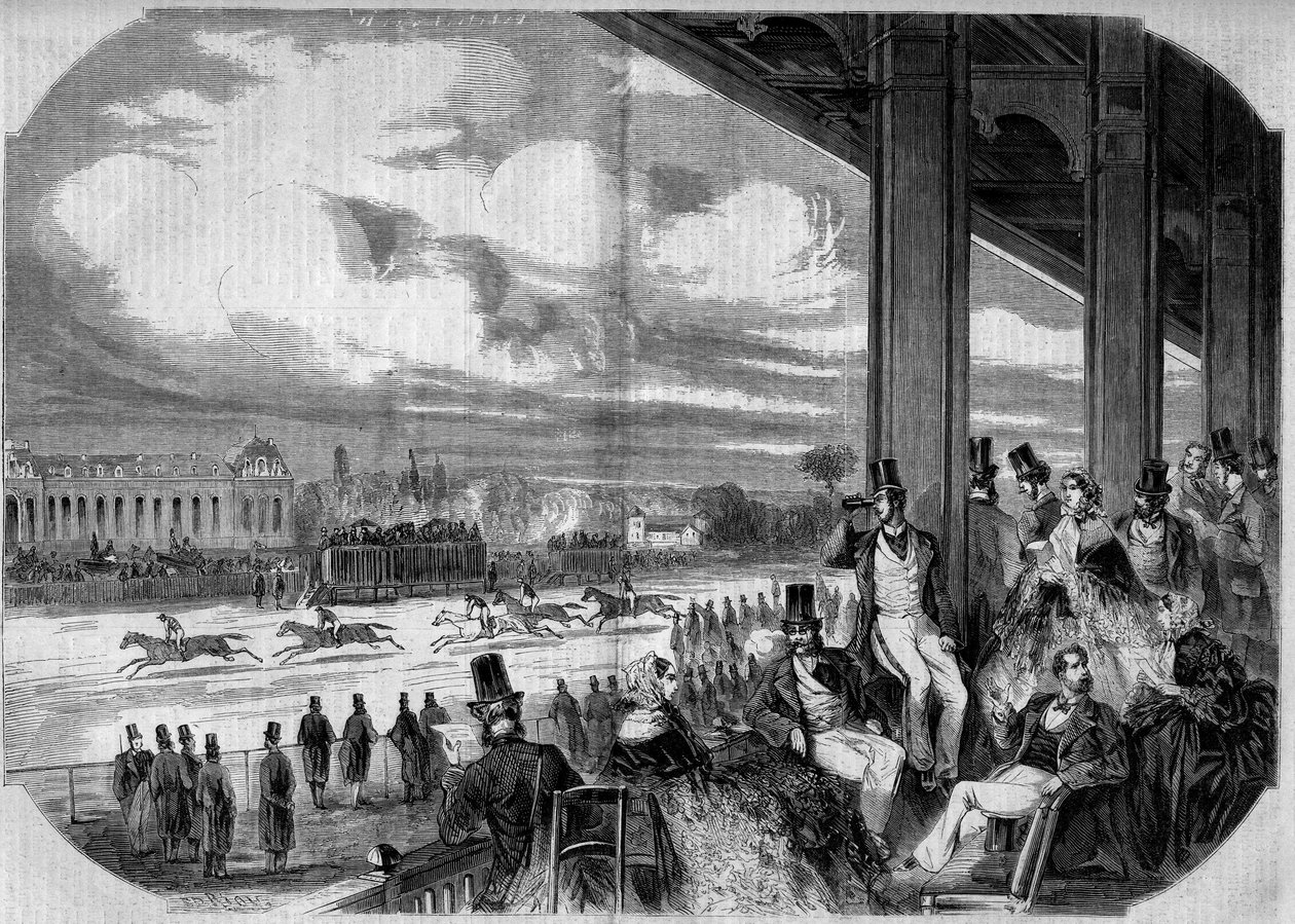 Paardenrennen op de renbaan van Chantilly in 1858. door French School