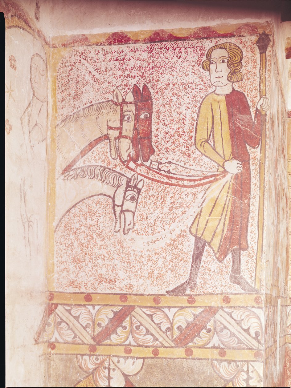 Ruiter die de teugels van drie paarden vasthoudt, van de noordmuur, ca.1265 door French School