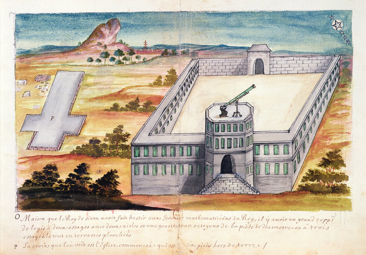 Huis en Observatorium gebouwd door de Koning van Siam voor de Jezuïet-wiskundigen, uit een verslag van de Jezuïeten in Siam, 1688 door French School