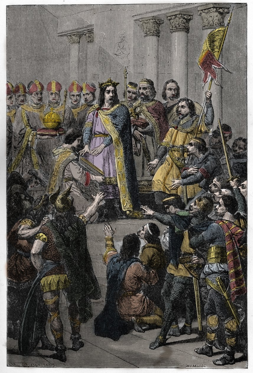 Hugh Capet verkozen tot koning - Kroning van Hugues Capet (ca. 941-996), koning van Frankrijk, 3 juli 987 in Noyon, door Adalberon (ca. 925-990), aartsbisschop van Reims. door French School