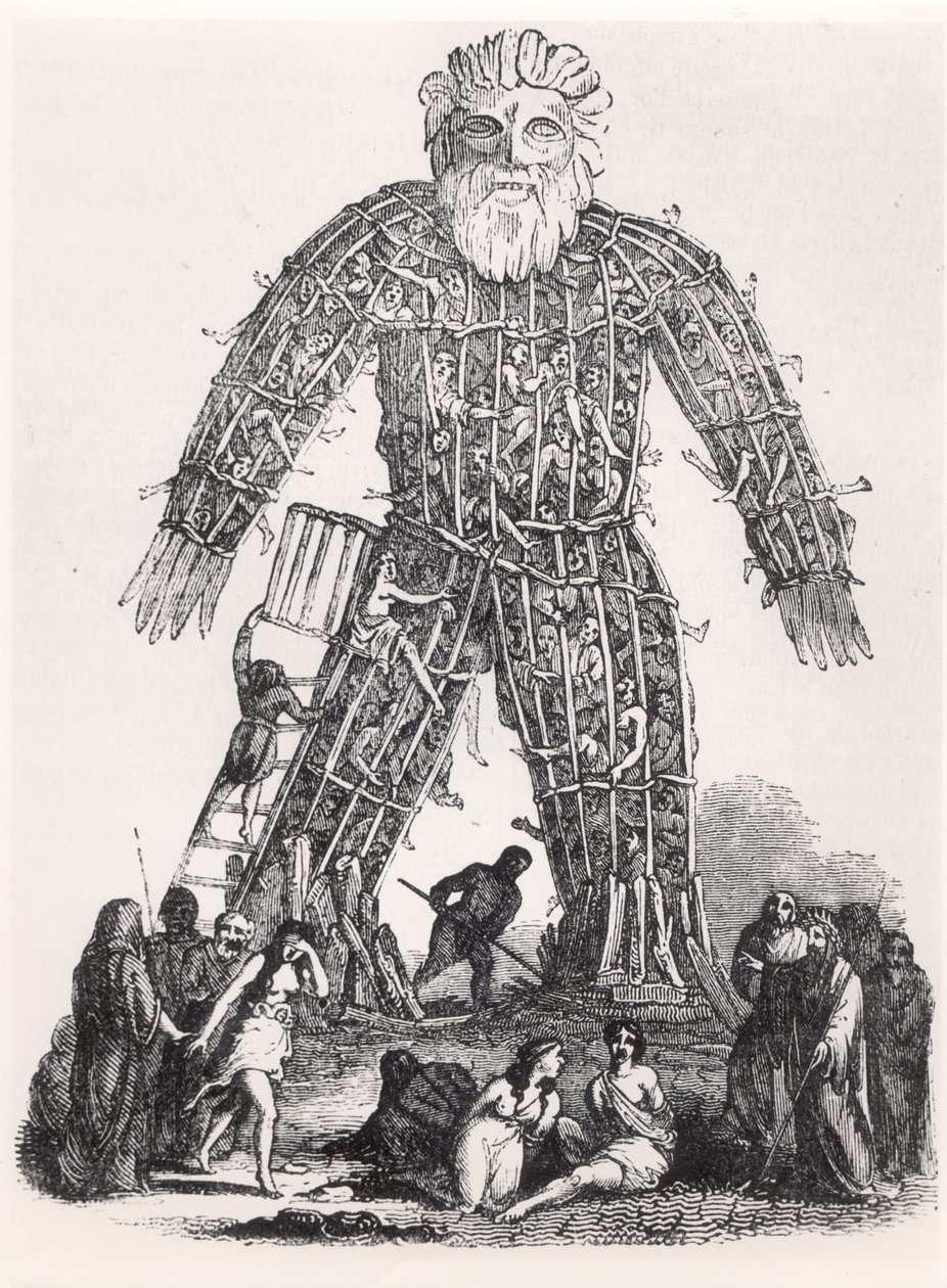 Menselijke offerande door Gallische Druïden in een Wicker Man, uit Magasin Pittoresque, 1833 door French School