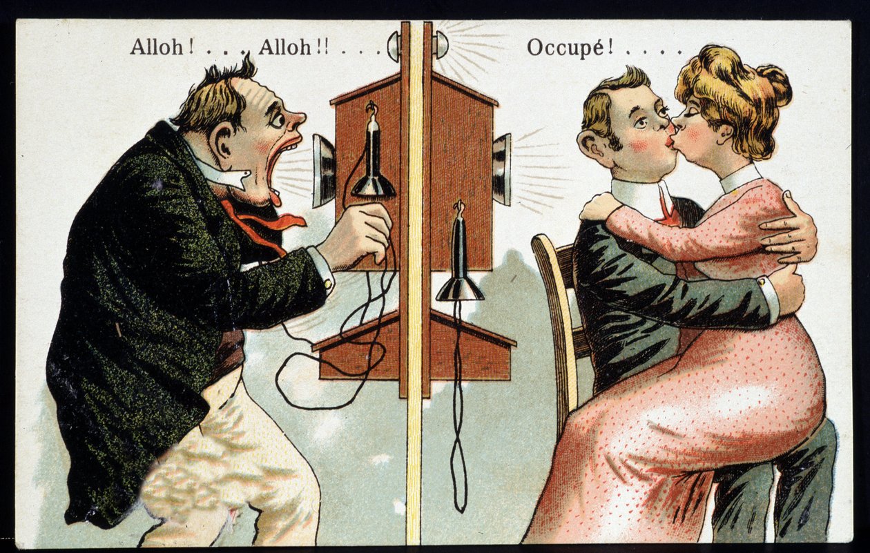 Humoristische ansichtkaart over de telefoon, begin 20e eeuw door French School