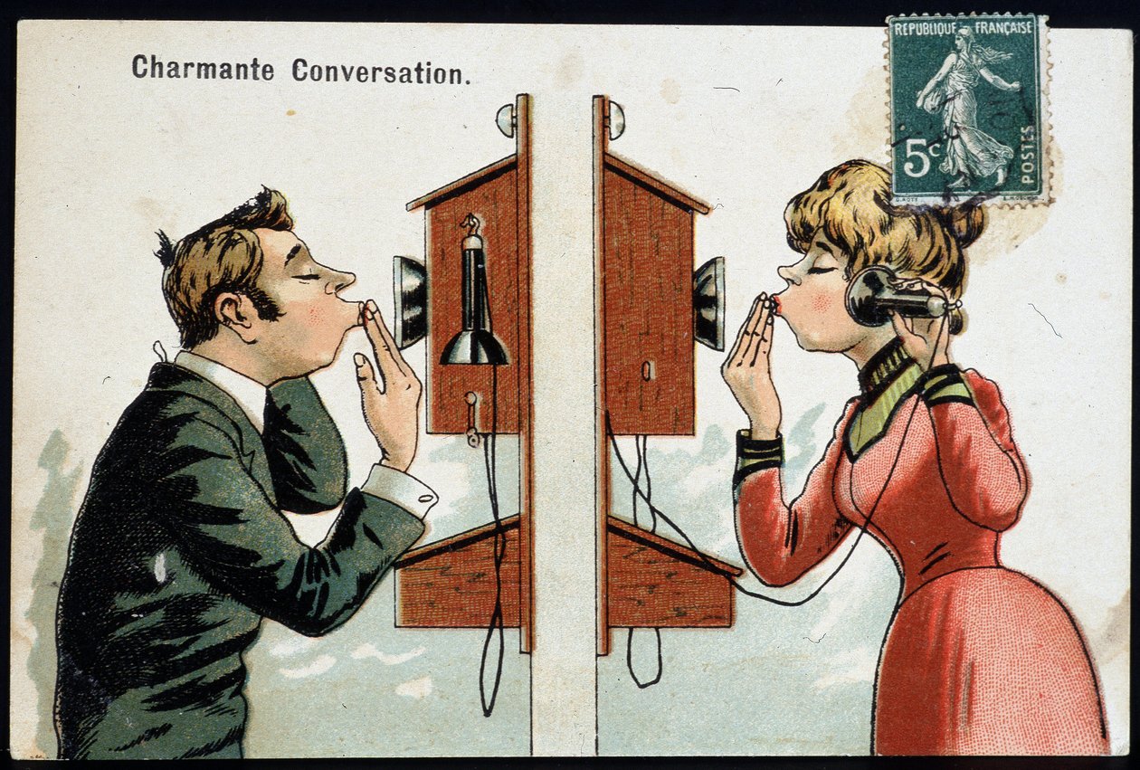 Humoristische ansichtkaart over de telefoon, begin 20e eeuw @Selva/Leemage door French School
