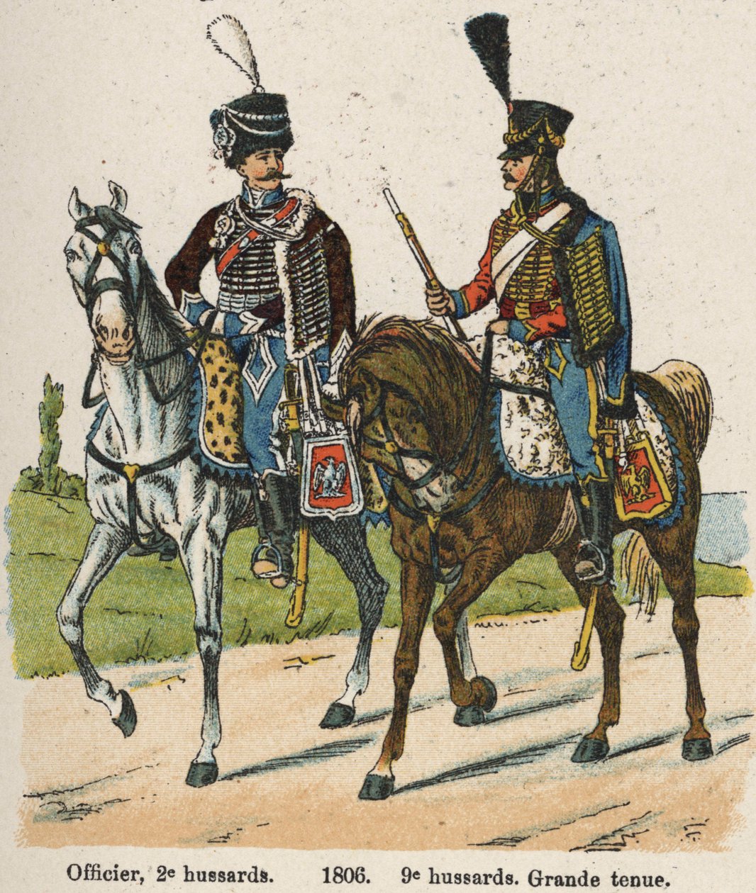 Huzaren 1e vendemiaire An XII (24 september 1803): Officier, 2e huzaren en 9e huzaren in grote kledij in 1806. Plaat uit het boek Les Uniforms de l