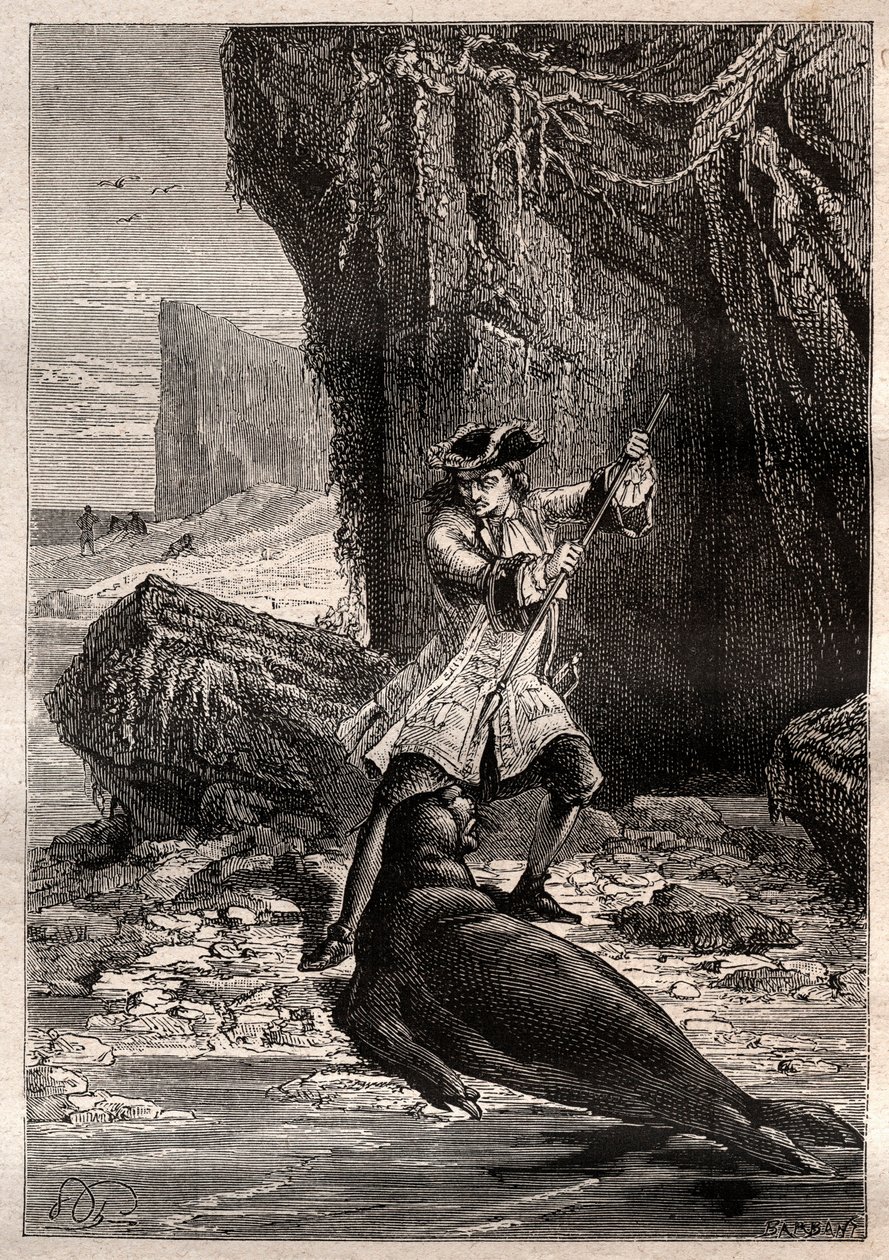 Ik stak mijn spade in zijn borst: Woodes Rogers aangevallen door een zeehond op een van de Galapagos-eilanden in de Stille Oceaan in 1709 - illustratie uit 