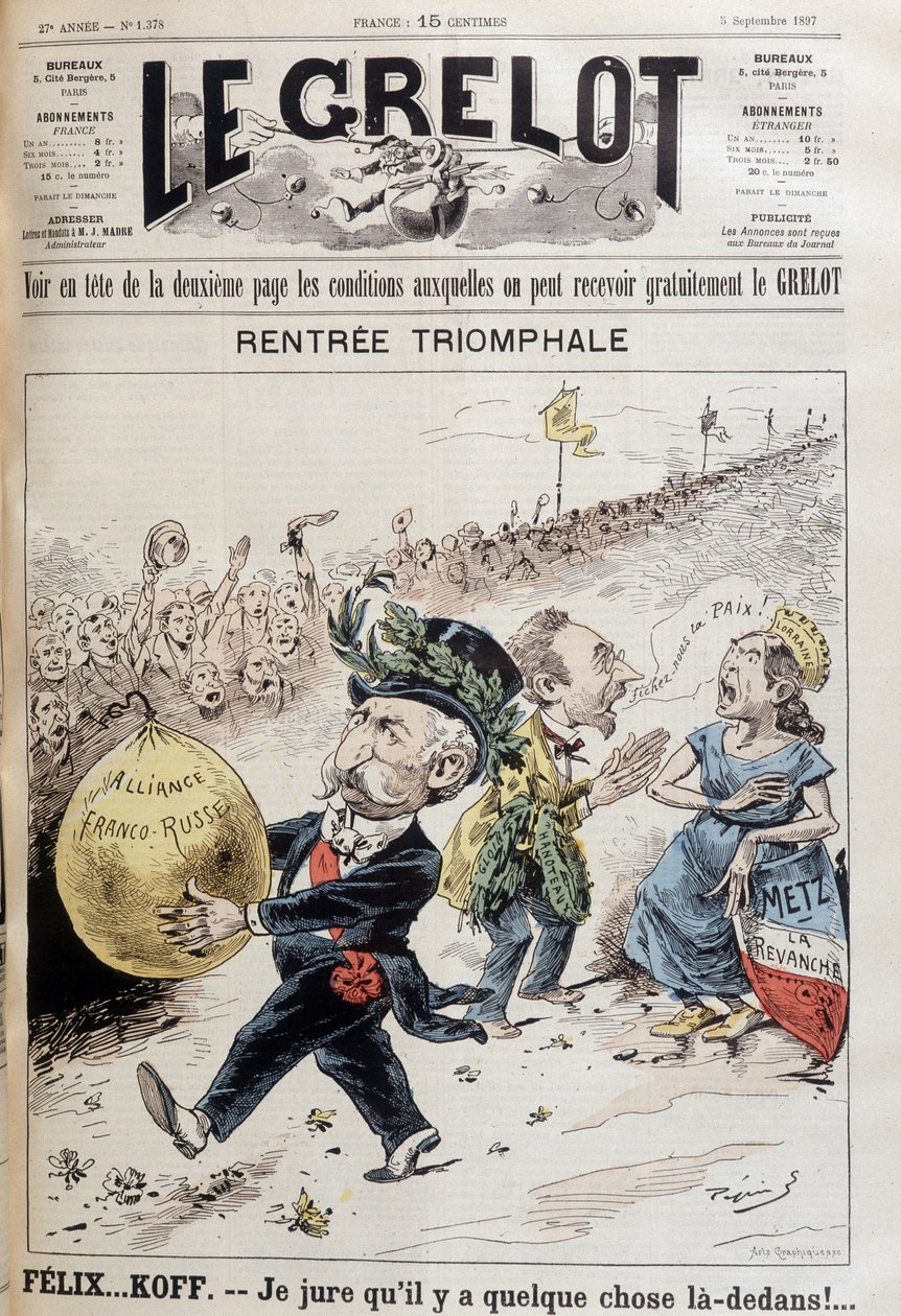 Ik zweer dat er iets in zit. De Franse president Felix Faure draagt de ballon van de Russische lening. Achter hem een vrouw die Lotharingen vertegenwoordigt en ruzie maakt met een man die zegt 