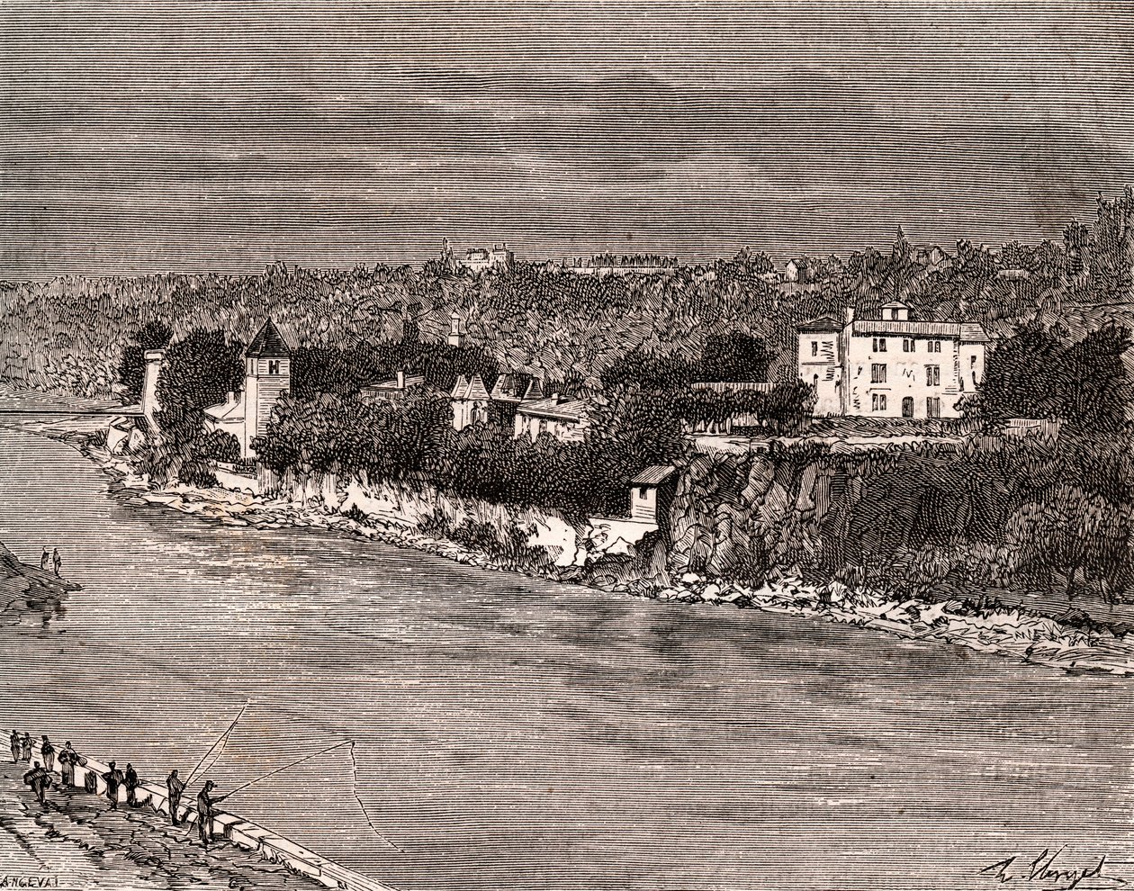 Ile Barbe in het midden van de Saone, in het 9e arrondissement van Lyon - gravure in 