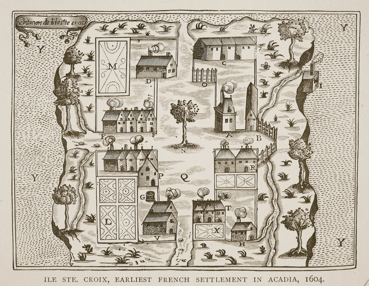 Île Ste. Croix, de vroegste Franse nederzetting in Acadië, 1604, uit Voyages door Samuel de Champlain (ca. 1580-1635), 1613 door French School