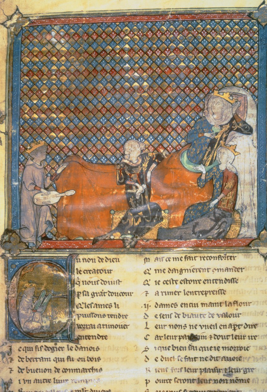 Verluchte pagina uit een Anthologie, van links naar rechts, Adenet le Roi, een minstreel van Hertog Hendrik; Graaf Guy van Vlaanderen; Marie, Koningin van Frankrijk en vrouw van Filips de Stoute (1342-1404); en Mada door French School