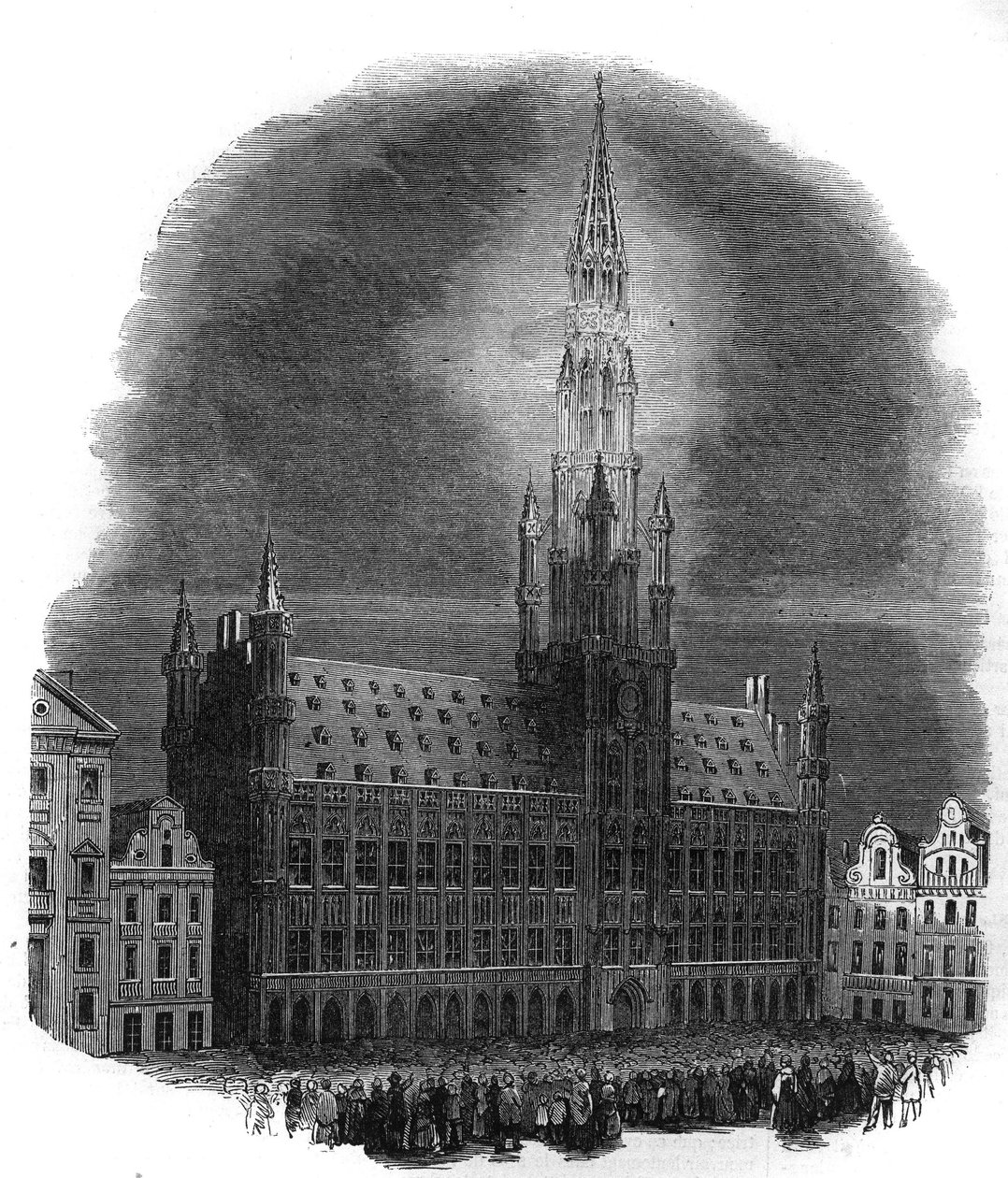 Verlichting van het Stadhuis van Brussel op 26 september 1864 ter gelegenheid van de verjaardag van de gevechten die België bevrijdden van de Nederlandse overheersing. Van een schets door M.D.A. Gravure in "The Illustrous Universe" door French School