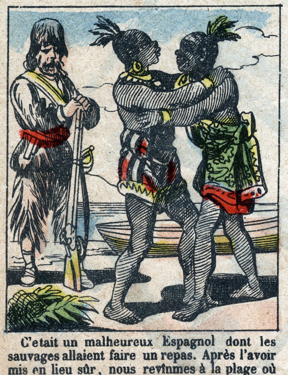 Illustratie voor het boek van Daniel Defoe "Robinson Crusoe". Epinal afbeelding eind 19e eeuw. door French School