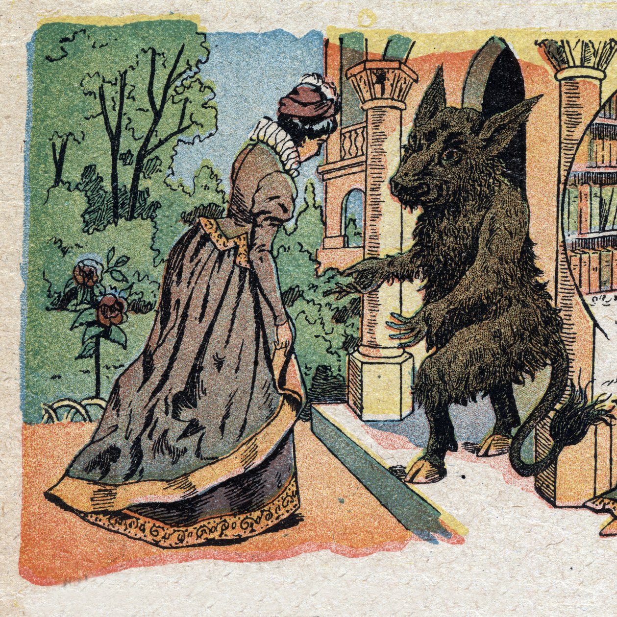 Illustratie voor het sprookje "La Belle et la Bête": de schone arriveert bij het kasteel van het beest. Gravure van Quinn-beeldvorming, circa 1890. door French School