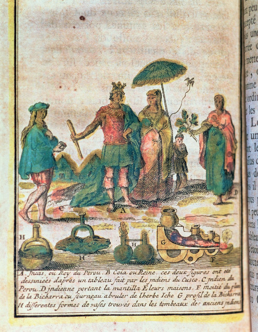 Illustratie uit een geschiedenis van Peru met een Inca koning en koningin met Indiase bedienden en een diagram van een bicharra door French School