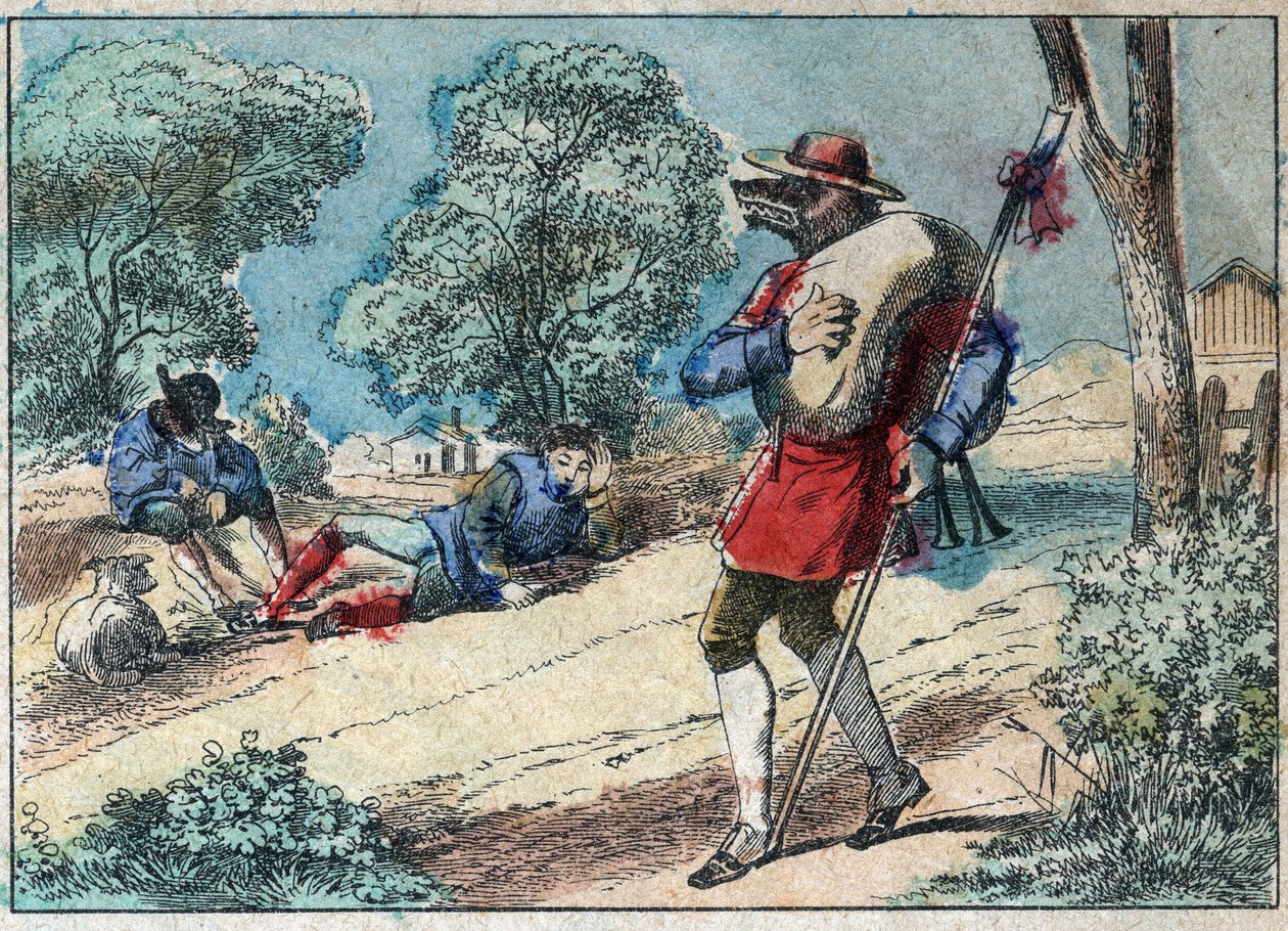 Illustratie van de fabel door Jean de la Fontaine (1621-1695): de wolf werd een herder. Epinal imaging eind 19e eeuw. door French School