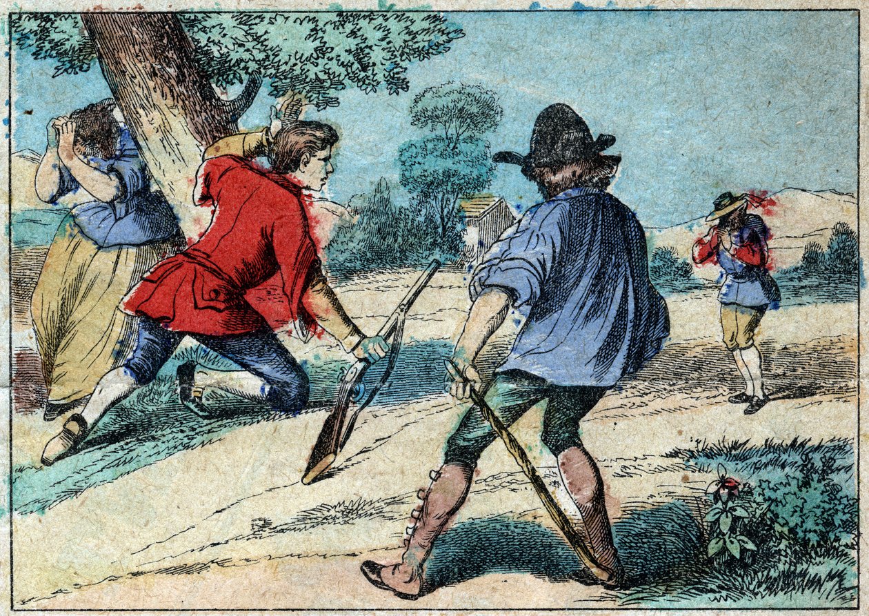 Illustratie van de fabel van Jean de la Fontaine: de wolf werd een herder. Epinal afbeelding eind 19e eeuw. door French School