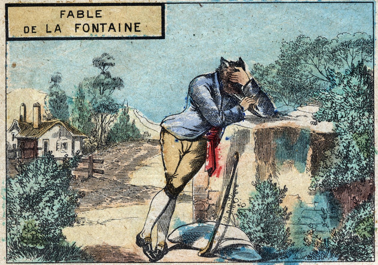 Illustratie van de fabel van Jean de la Fontaine: de wolf werd een herder. Epinal afbeelding eind 19e eeuw. door French School