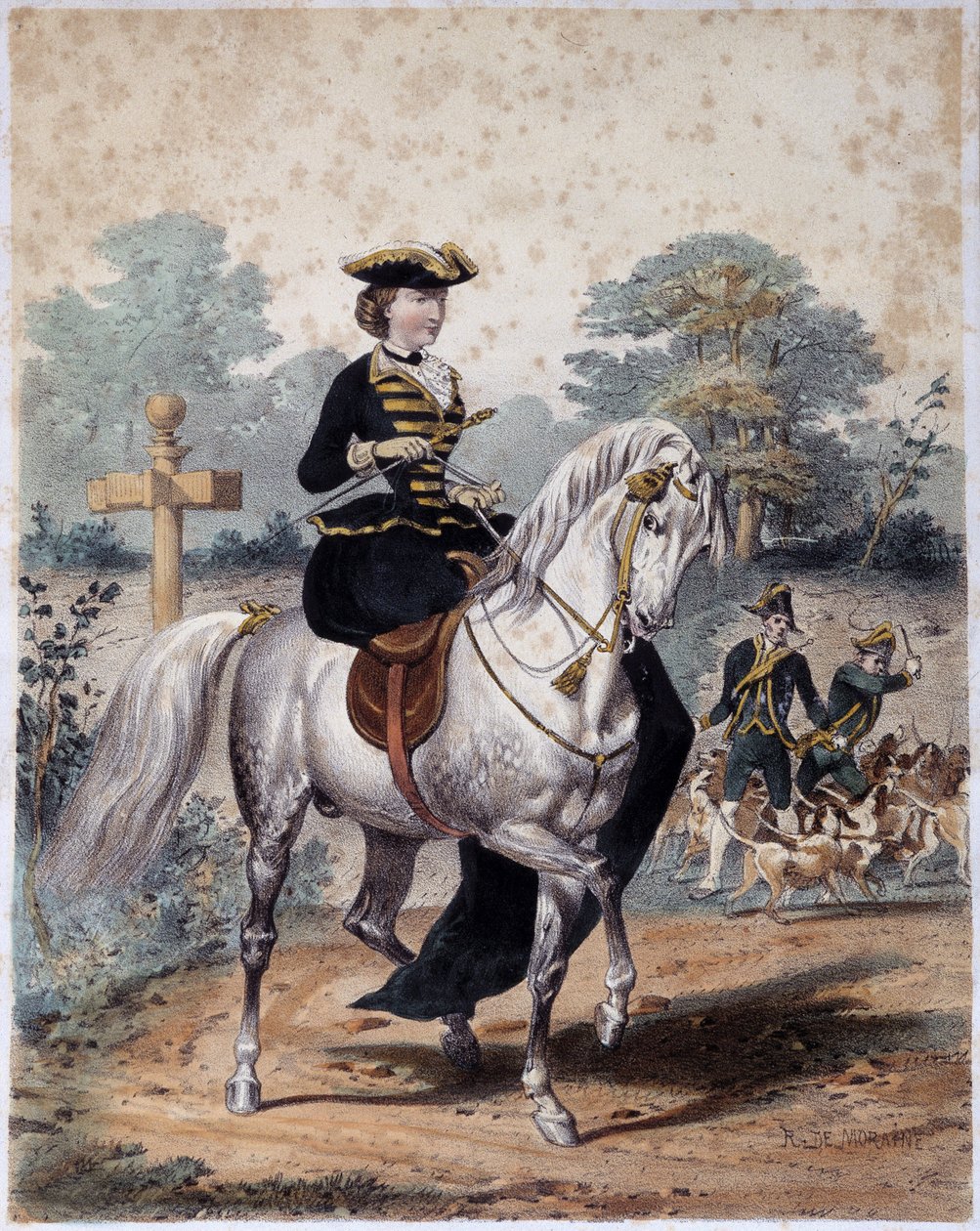 Keizerin Eugenia in jachtoutfit. Anonieme gravure, sd. ca. 1860 door French School