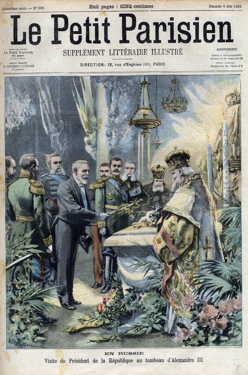 In Rusland: bezoek van president Emile Loubet (1838-1929) aan het graf van Alexander III (1845-1894), keizer van Rusland, in 