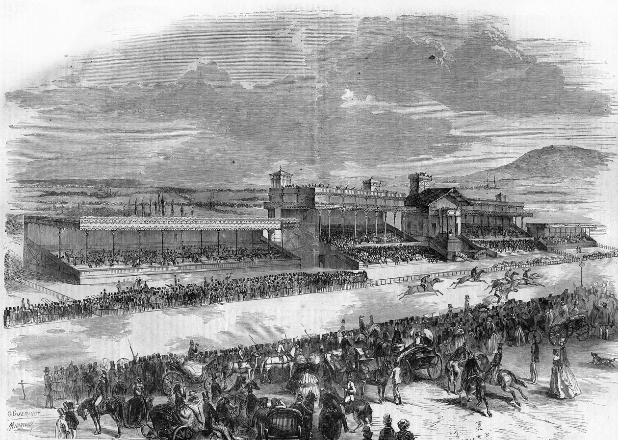 Inhuldiging van de paardenraces in het Bois de Boulogne in 1857. door French School