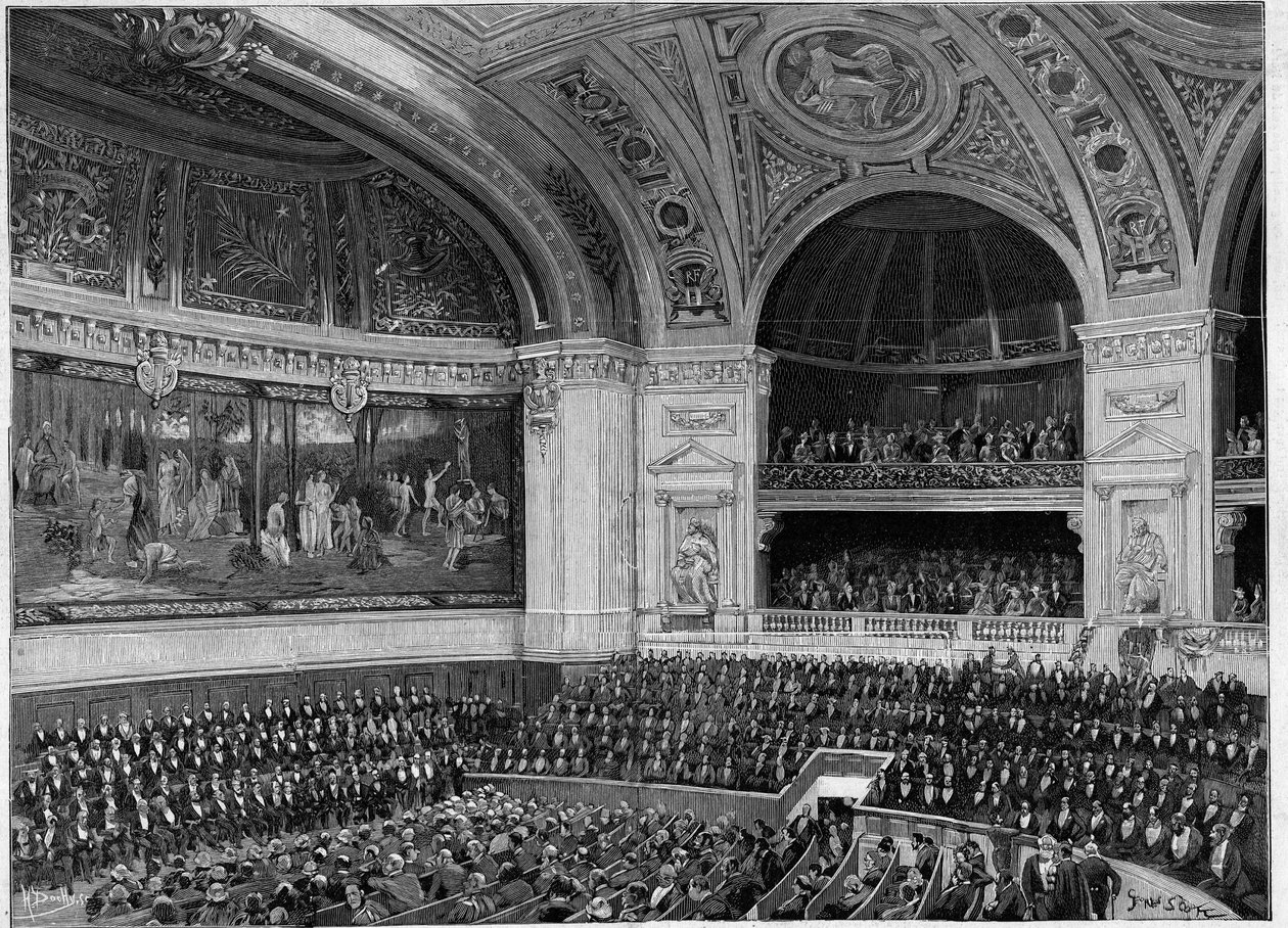 Inhuldiging van de nieuwe Sorbonne in 1889: het grote amfitheater tijdens de ceremonie. door French School