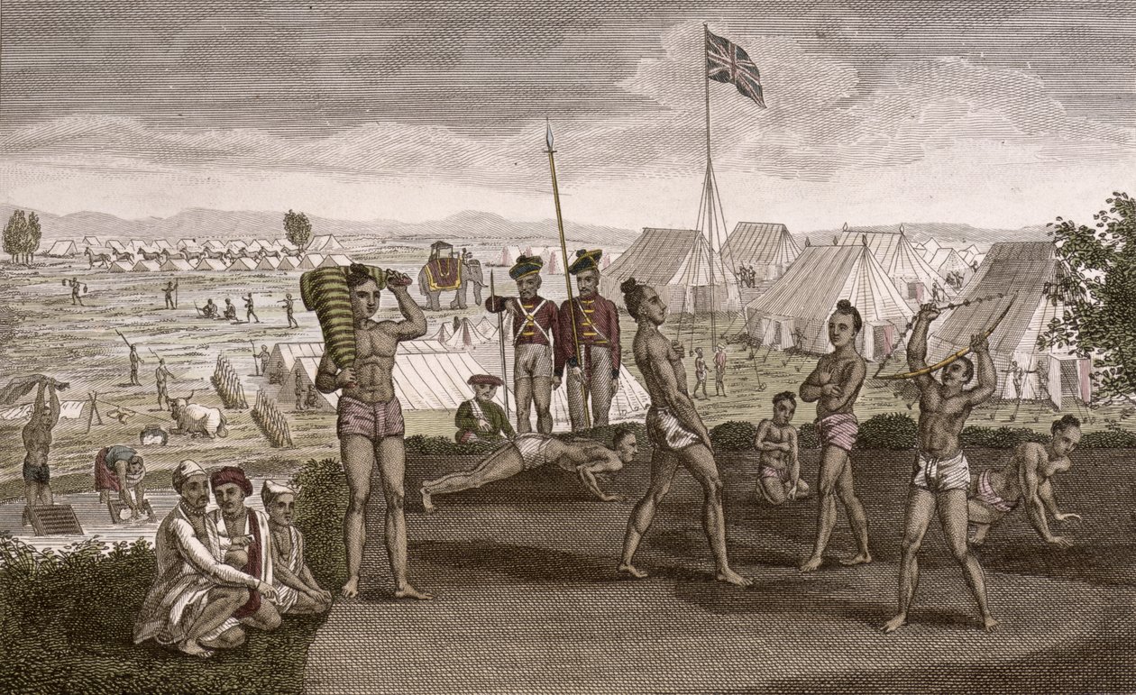 Indiase krijgers oefenen met uitzicht op het kamp van de Engelse resident, c.1810 door French School