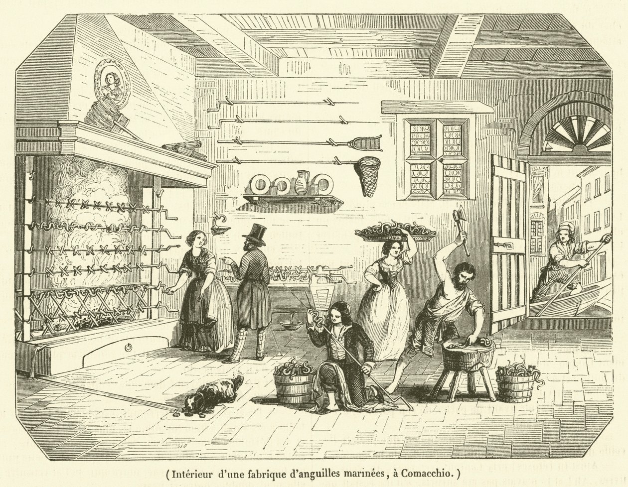 Interieur van een zeepalingfabriek in Comacchio (gravure) door French School