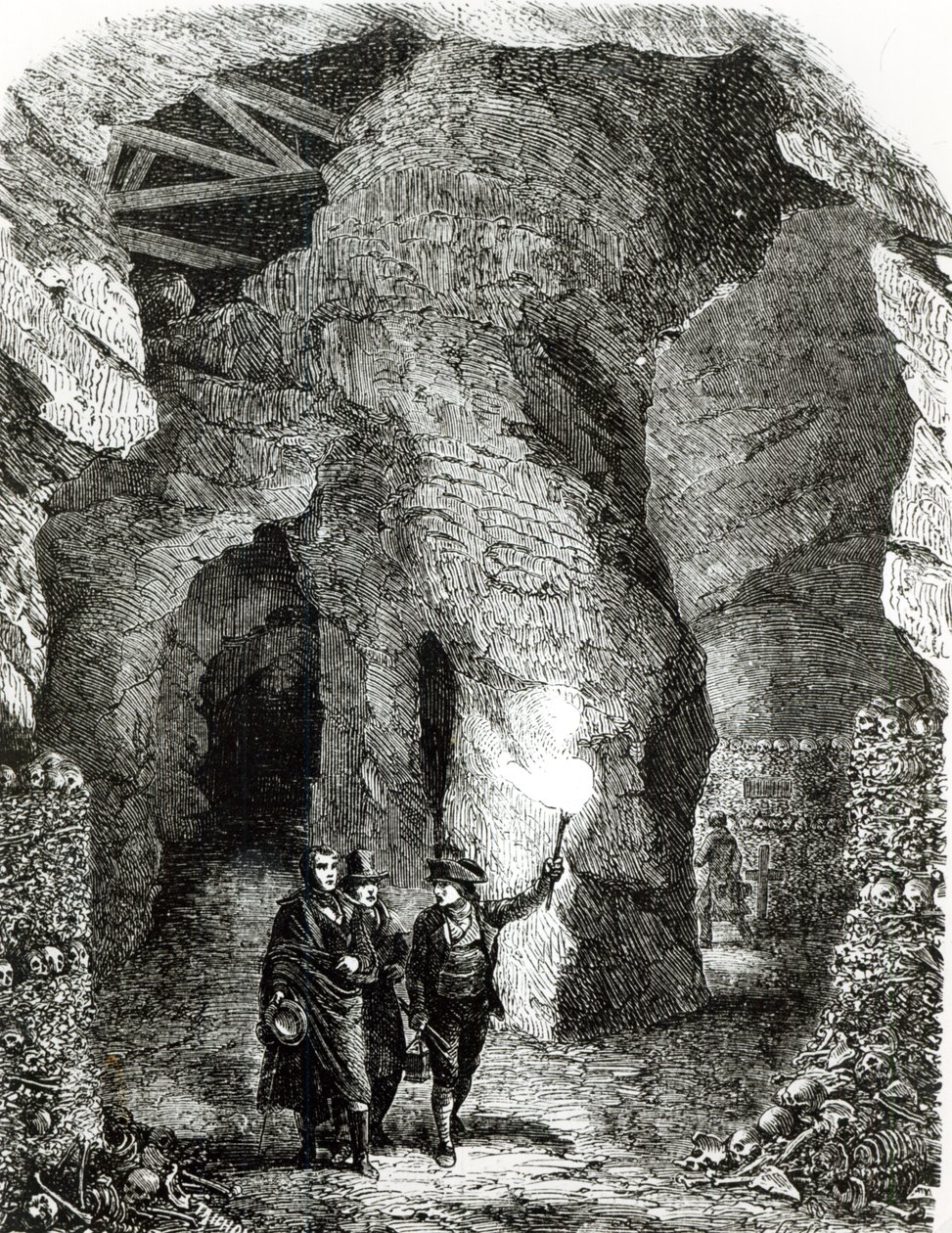 Interieur van de catacomben, Parijs door French School