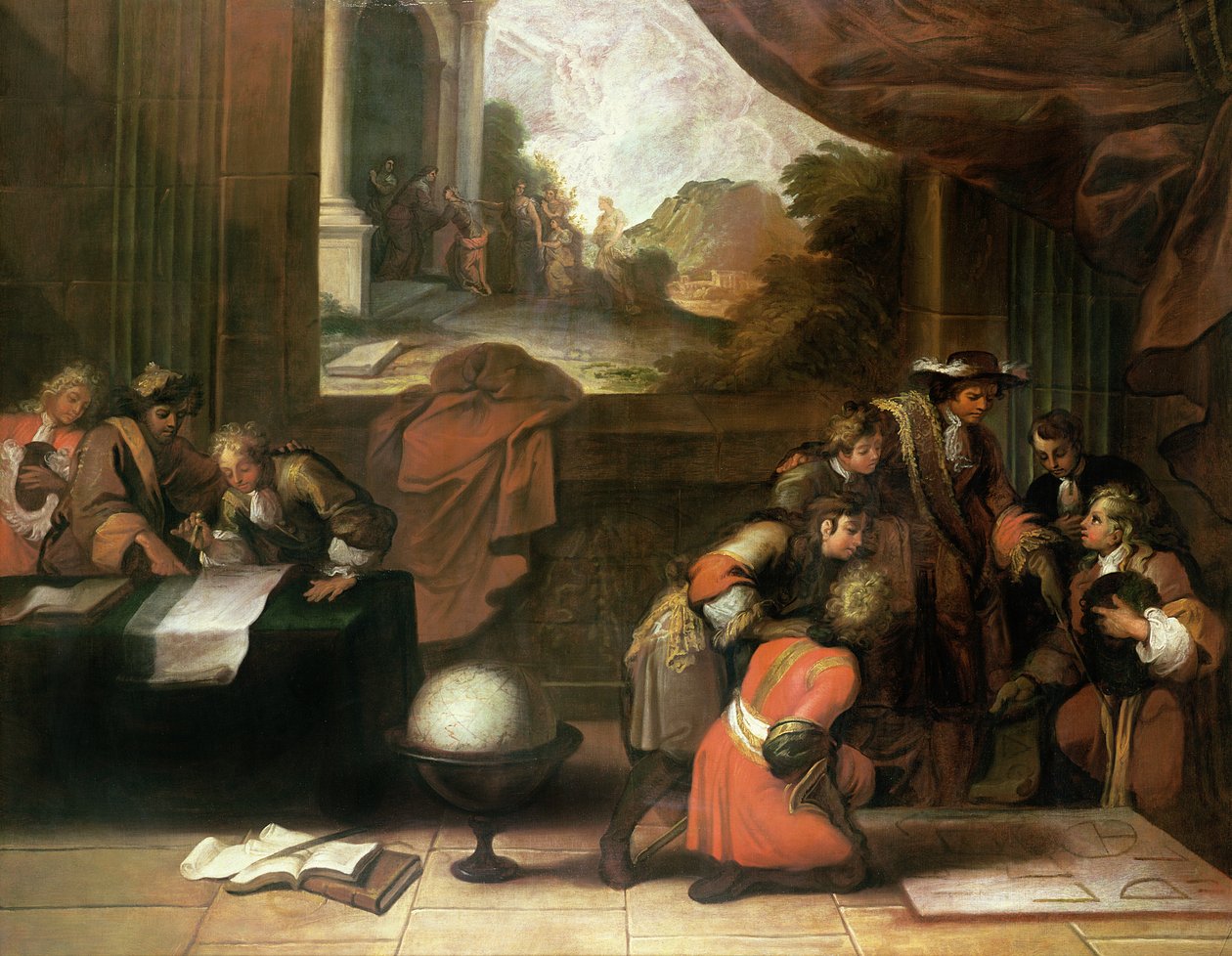 Interieur van een kamer met geografen en wiskundigen, ca. 1680-90 door French School