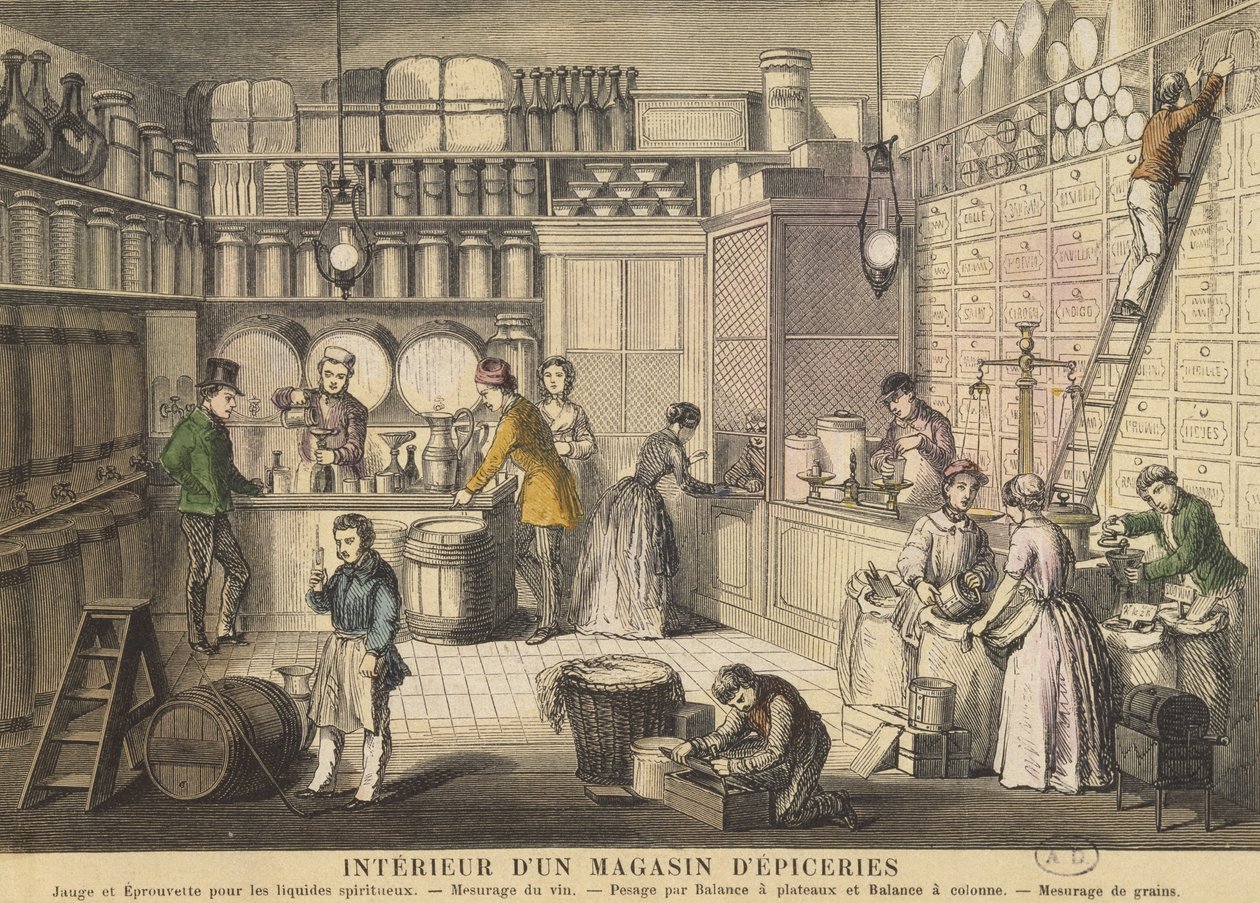 Interieur van een kruidenierswinkel door French School