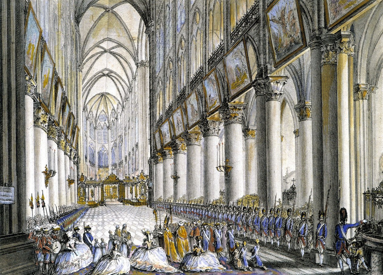 Interieur van de Notre-Dame de Paris, bij de aankomst van Marie Antoinette (1755-1793), koningin van Frankrijk, om de beroemde mis bij te wonen voor de geboorte van haar zoon, de toekomstige Lodewijk XVII (1785-1795). Gravure 18e eeuw door French School