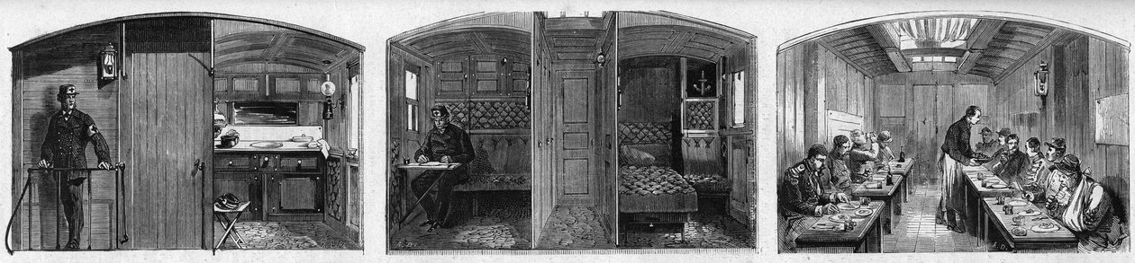 Interieur van de medische wagon en de refterwagon van een medische trein van de Franse Société de secours aux blessés militaires. Gravure in 