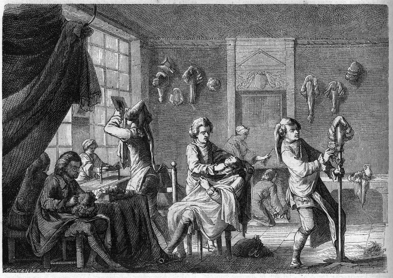 Interieur van de winkel van een Franse pruikenmaker onder Lodewijk XV (18e eeuw). Gravure door Dargent door French School