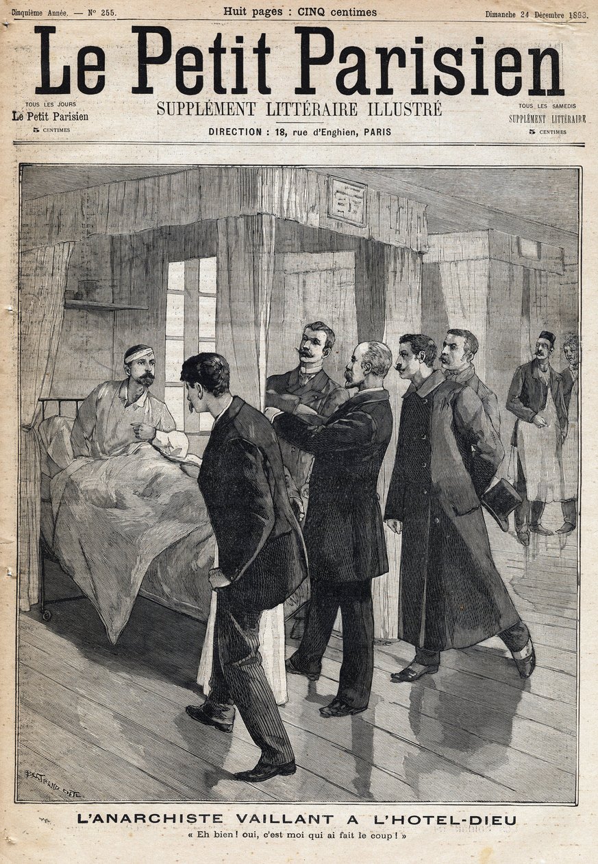 Verhoor van de anarchist Auguste Vaillant (1861-1894) in het Hotel Dieu waar hij de aanslag bekent die hij op 9 december heeft gepleegd door French School