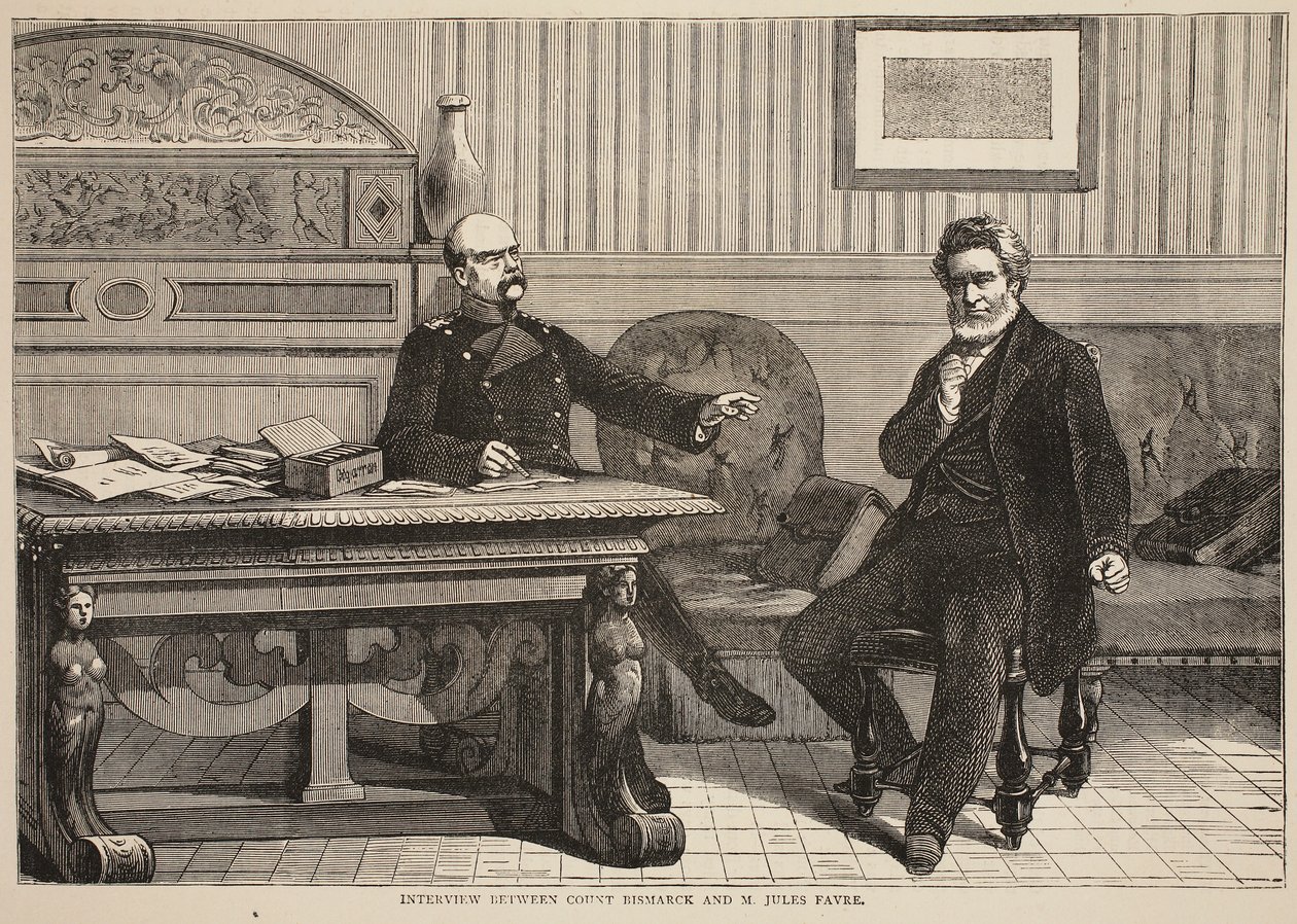 Interview tussen graaf Bismarck en M. Jules Favre, september 1870, illustratie uit Cassells Geschiedenis van de Oorlog tussen Frankrijk en Duitsland, 1870-1871 door French School