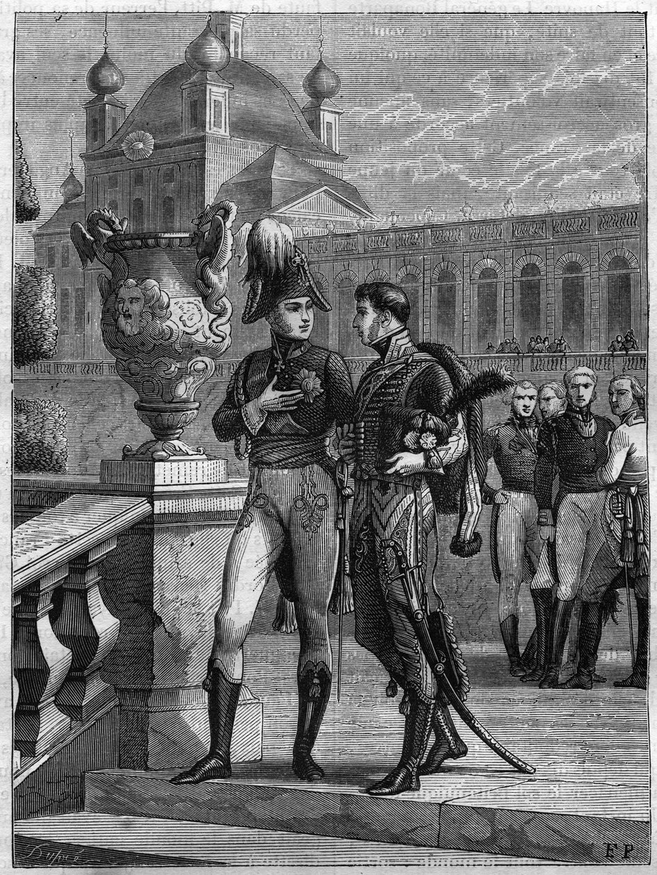 Interview van Alexander I van Rusland en Michel Duroc in Sint-Petersburg in april 1801 - gravure uit 1865 in 