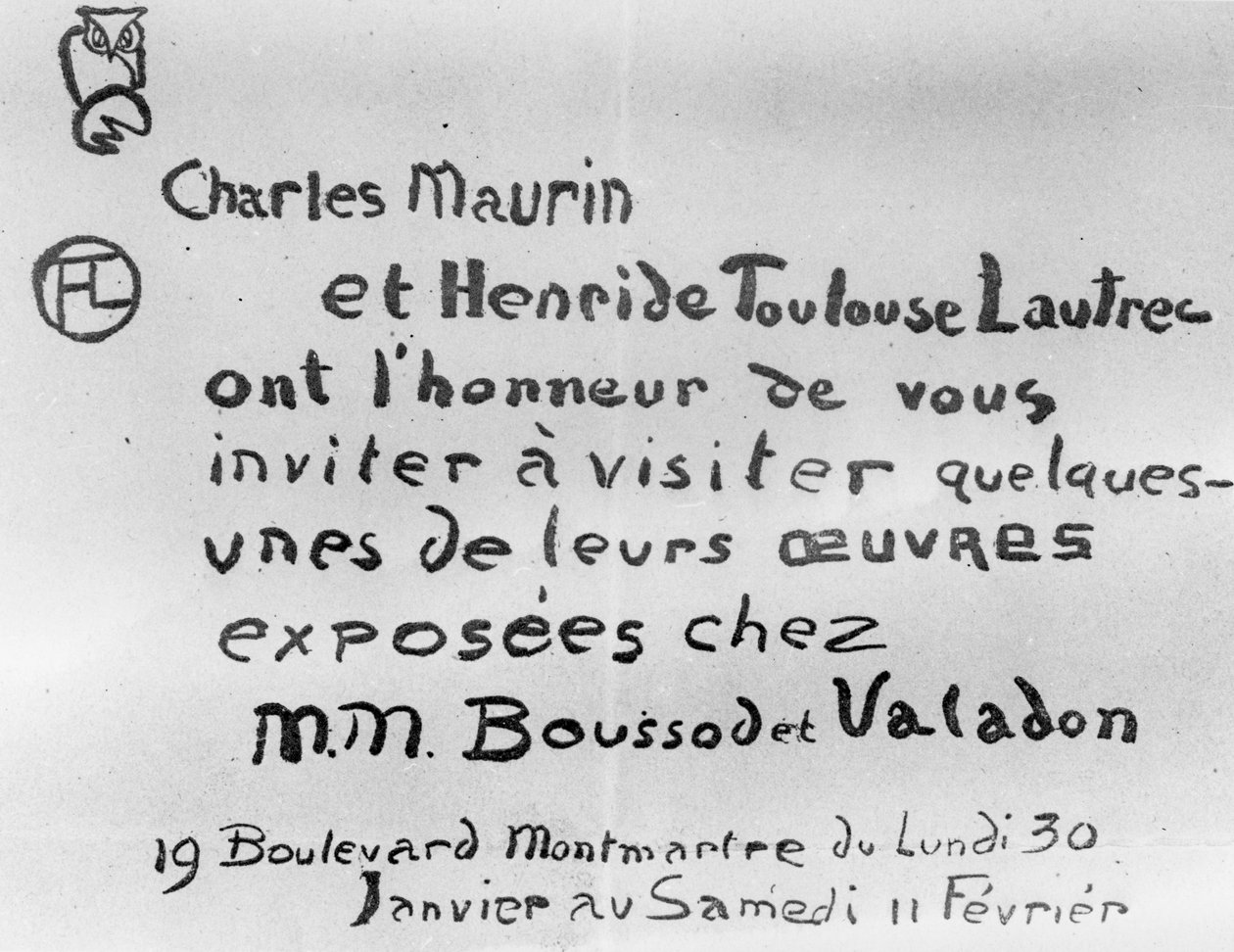 Uitnodiging voor een tentoonstelling van het werk van Charles Maurin en Henri de Toulouse-Lautrec door French School